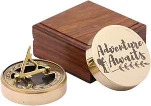 Antique Nautical Unique Brass Sundial Compass with Wooden Box Directional Maritime Navigational Pocket Compass Tool for Hiking Trekking Travelling & Camping by DOLLOND LONDONE1920
