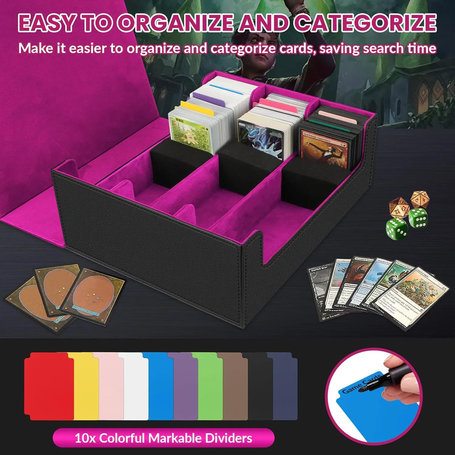 AOBOPLE 1800  Trading Card Storage Box,MTG Deck Box with 10 Pcs Colorful Dividers & 3 Foam Supporters Commander Card Deck Case for Magic Game Cards TCG, PTG