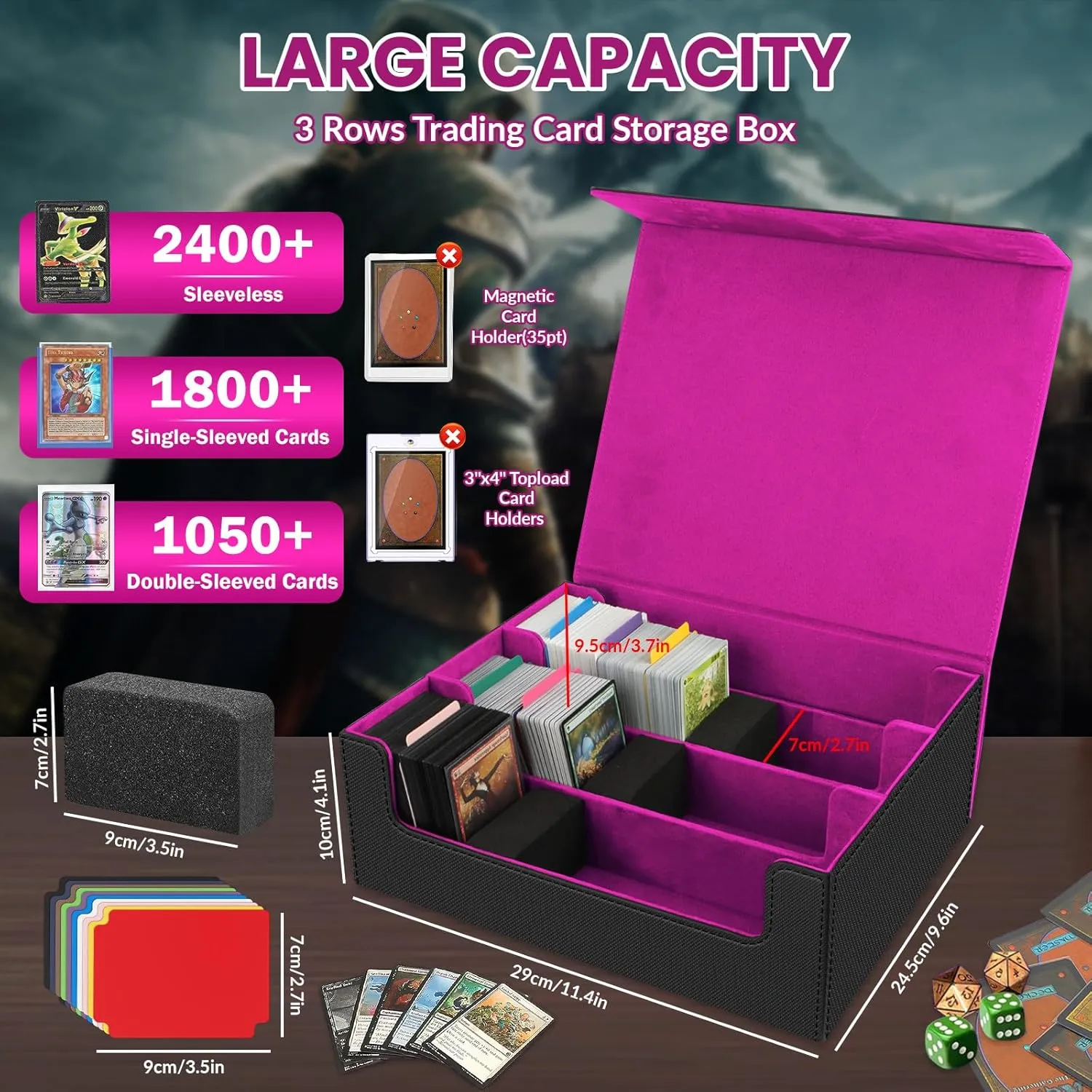AOBOPLE 1800  Trading Card Storage Box,MTG Deck Box with 10 Pcs Colorful Dividers & 3 Foam Supporters Commander Card Deck Case for Magic Game Cards TCG, PTG