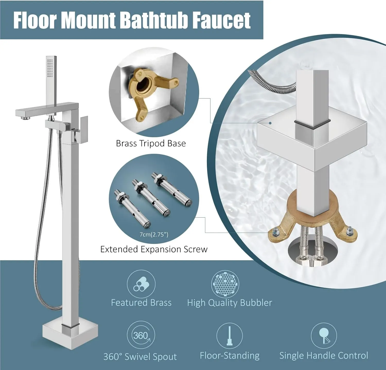 Aolemi Freestanding Bathtub Faucet Floor Mount Tub Filler Single Handle Brass Standing Bathtub Tap with Handheld Spray Swivel Right Angle Spout Polish Chrome
