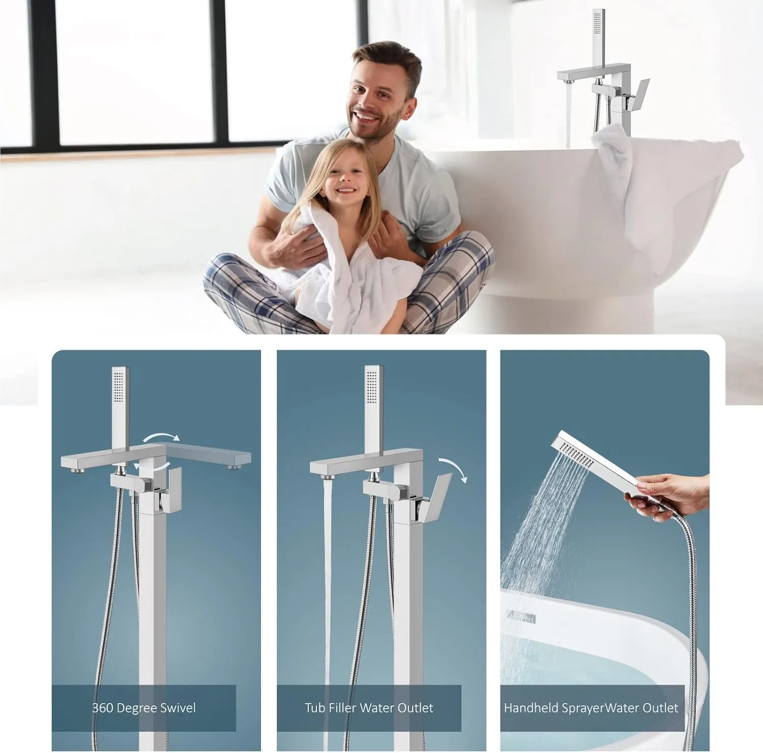 Aolemi Freestanding Bathtub Faucet Floor Mount Tub Filler Single Handle Brass Standing Bathtub Tap with Handheld Spray Swivel Right Angle Spout Polish Chrome