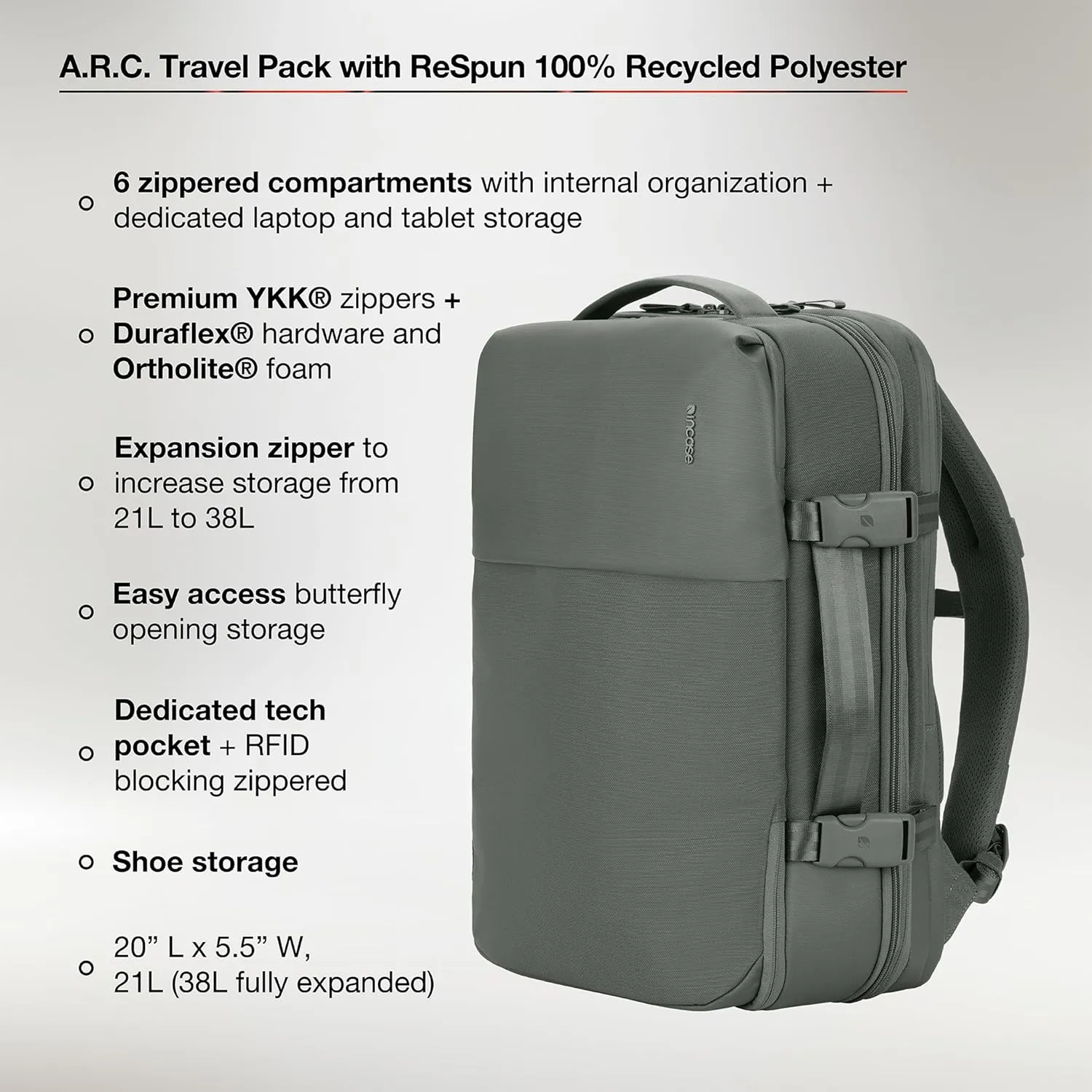 A.R.C. Travel Pack - ReSpun 100% Recycled Polyester, 38L Backpack, RFID-Blocking, Shoe Compartment, Expansion Zipper, Ergonomic Straps, Laptop Compartment for 16” PC/Mac, Travel Friendly - Smoked Ivy