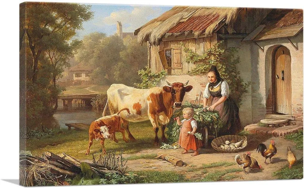 ARTCANVAS Idyllic Rural Scene 1887 Canvas Art Print Stretched Framed Painting Picture Poster Giclee Wall Decor by Johann Baptist Hofner - 40" x 26" (1.50" Deep)