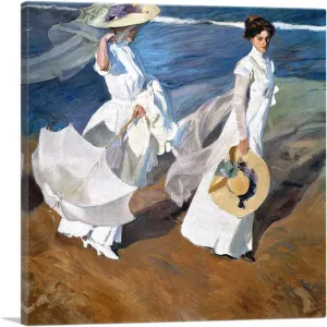 ARTCANVAS Seaside Stroll - Women Walking on the Beach 1909 Canvas Art Print Stretched Framed Painting Picture Poster Giclee Wall Decor by Joaquin Sorolla y Bastida - 18" x 18" (1.50" Deep)