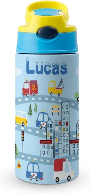 Artsadd Kids Water Bottle with Name-Custom Blue Water Bottle with Straw-Personalized Gift for Kids Boys-Customized Name Insulated Stainless Steel Tumbler for School Gifts-16.9oz