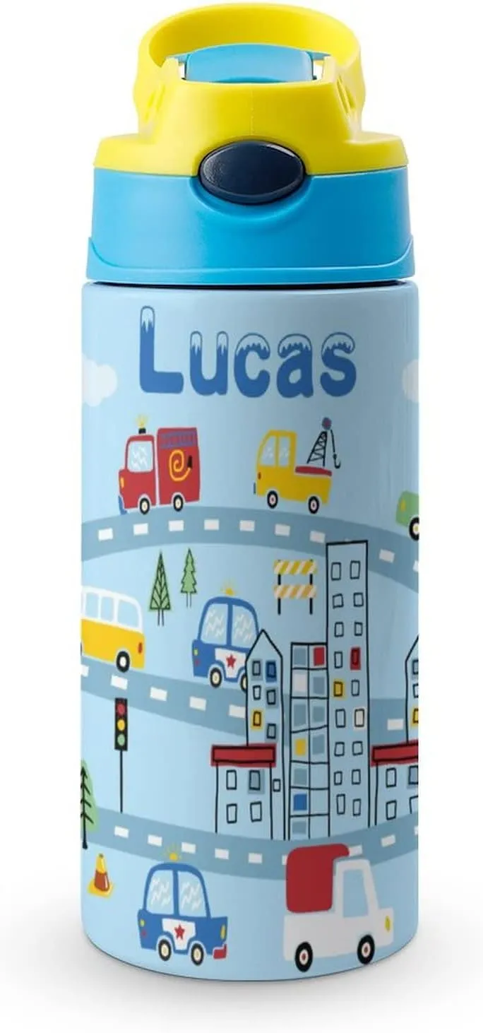 Artsadd Kids Water Bottle with Name-Custom Blue Water Bottle with Straw-Personalized Gift for Kids Boys-Customized Name Insulated Stainless Steel Tumbler for School Gifts-16.9oz