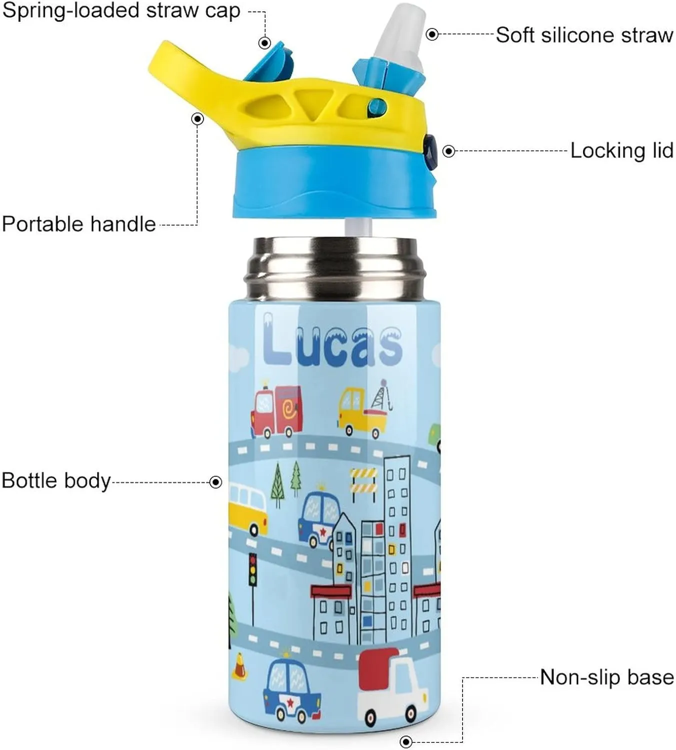 Artsadd Kids Water Bottle with Name-Custom Blue Water Bottle with Straw-Personalized Gift for Kids Boys-Customized Name Insulated Stainless Steel Tumbler for School Gifts-16.9oz