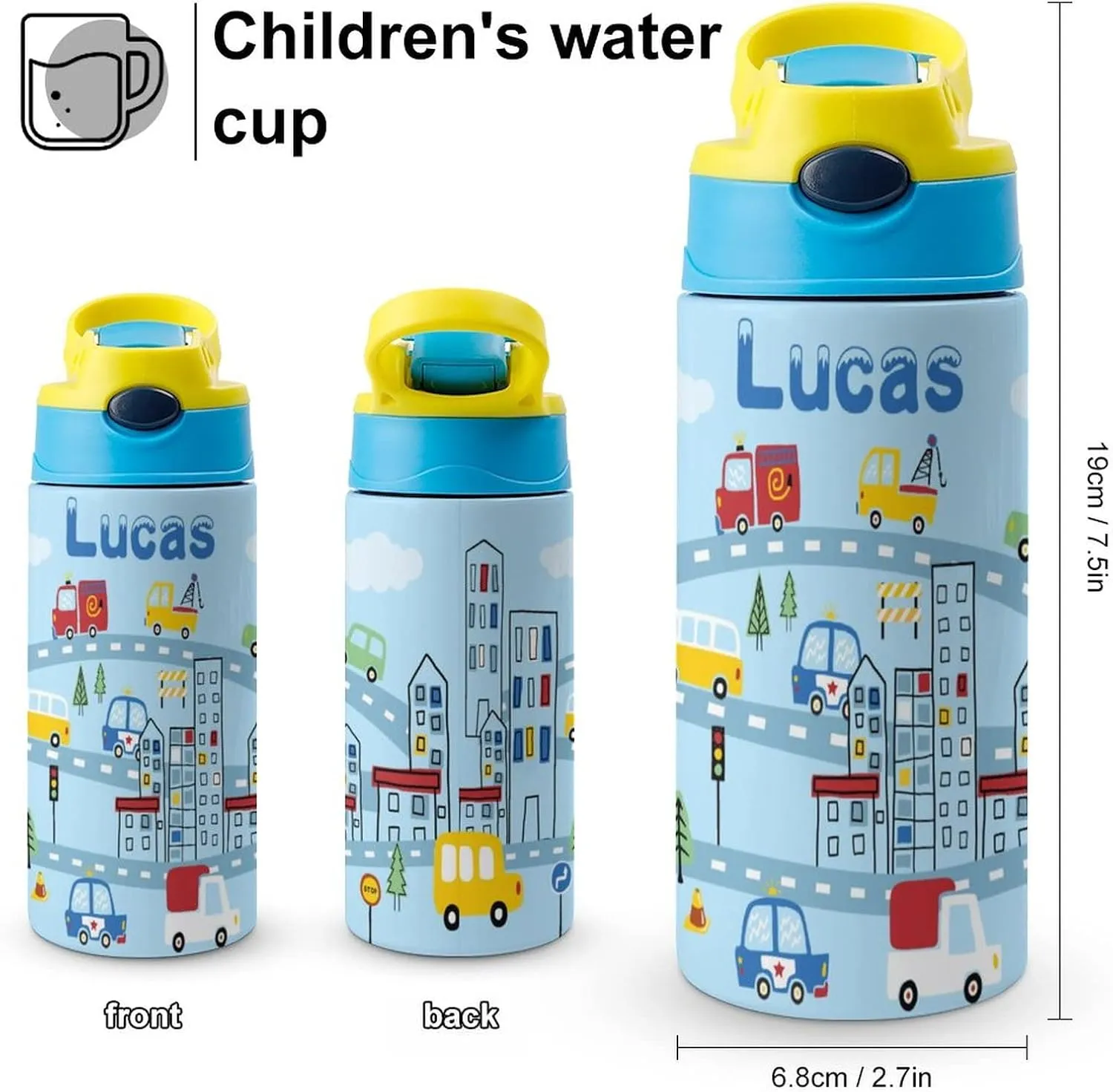 Artsadd Kids Water Bottle with Name-Custom Blue Water Bottle with Straw-Personalized Gift for Kids Boys-Customized Name Insulated Stainless Steel Tumbler for School Gifts-16.9oz