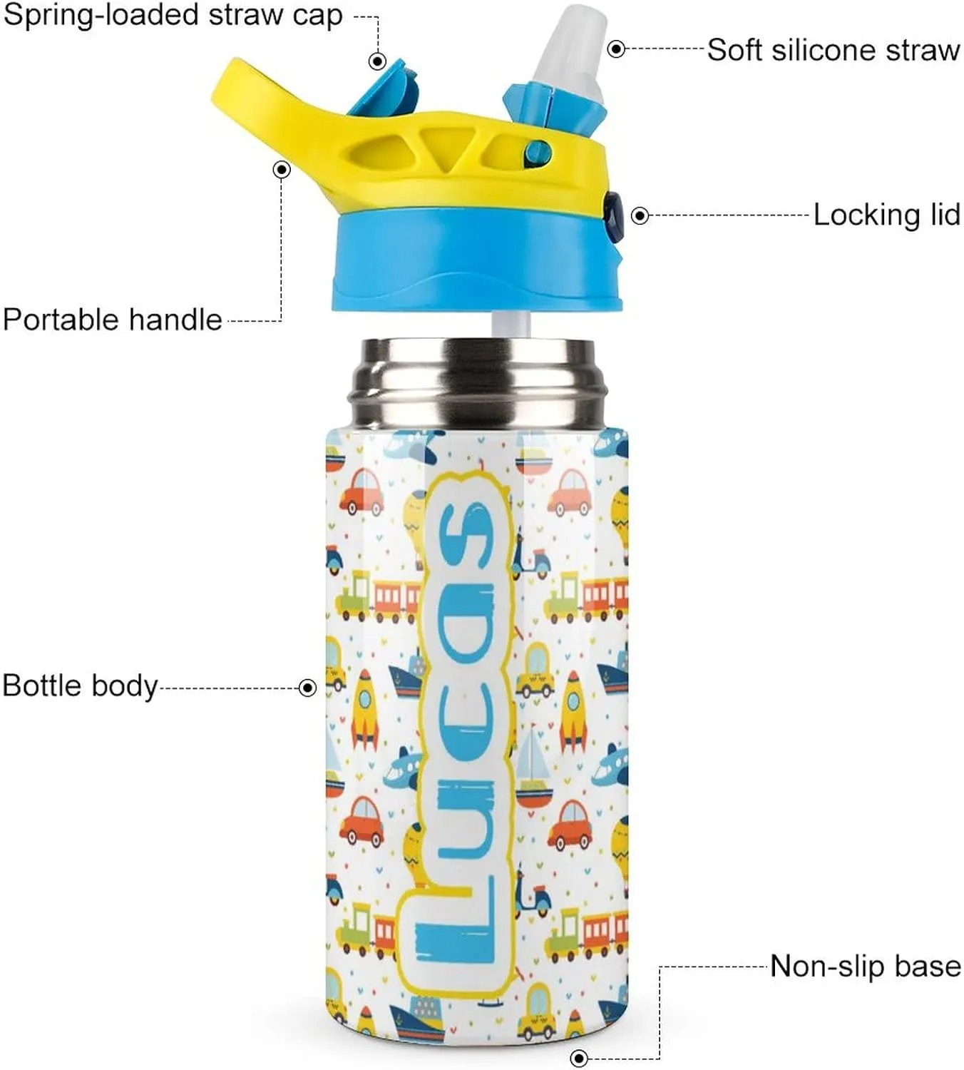 Artsadd Kids Water Bottle with Name-Custom Cartoon Water Bottle with Straw-Personalized Gift for Kids Boys-Customized Name Insulated Stainless Steel Tumbler for School Gifts-16.9oz