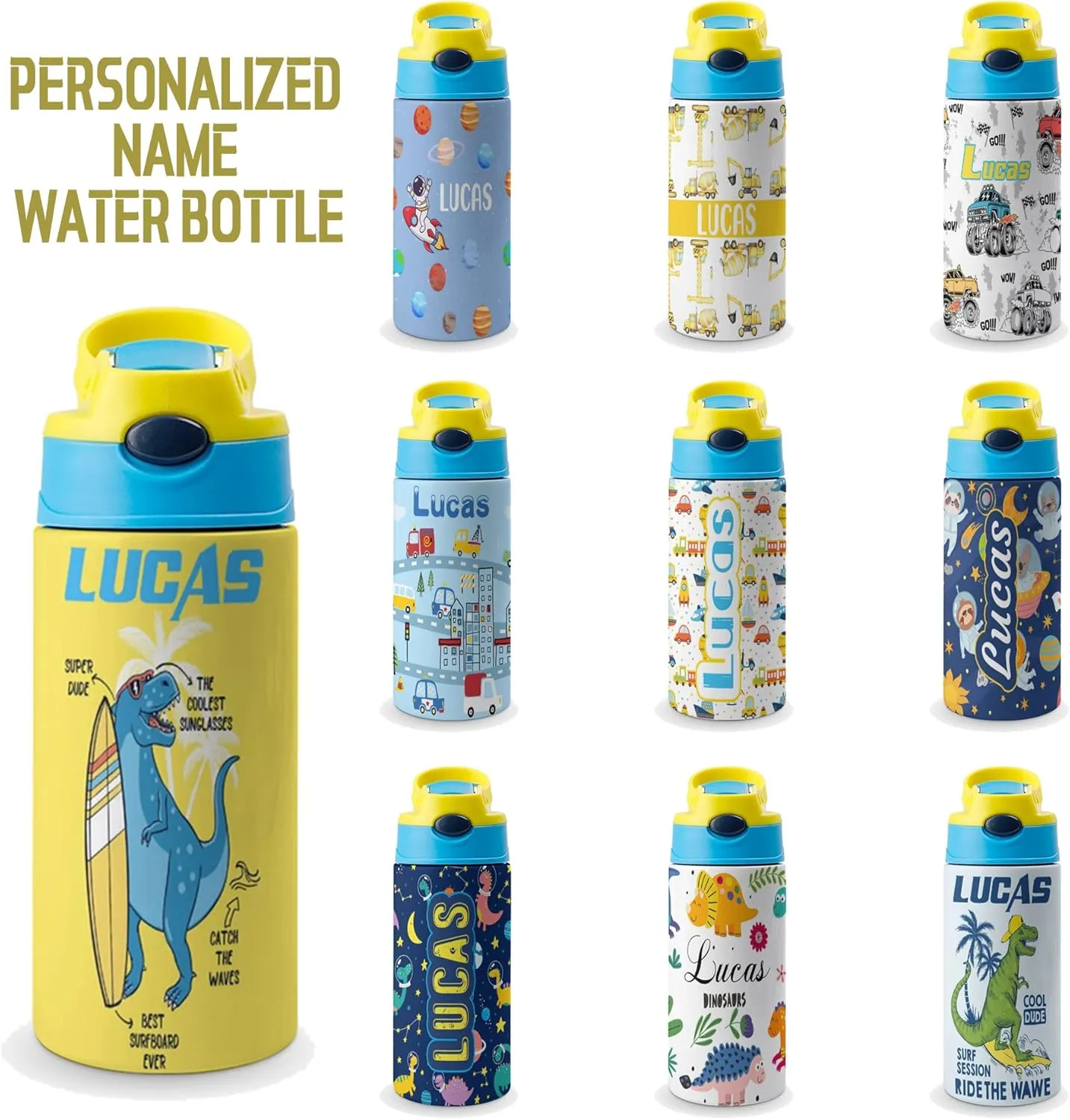 Artsadd Kids Water Bottle with Name-Custom Cartoon Water Bottle with Straw-Personalized Gift for Kids Boys-Customized Name Insulated Stainless Steel Tumbler for School Gifts-16.9oz