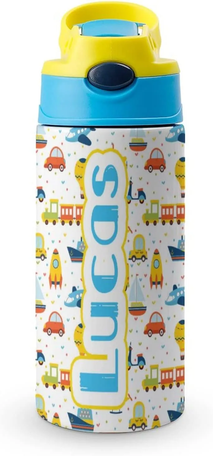 Artsadd Kids Water Bottle with Name-Custom Cartoon Water Bottle with Straw-Personalized Gift for Kids Boys-Customized Name Insulated Stainless Steel Tumbler for School Gifts-16.9oz
