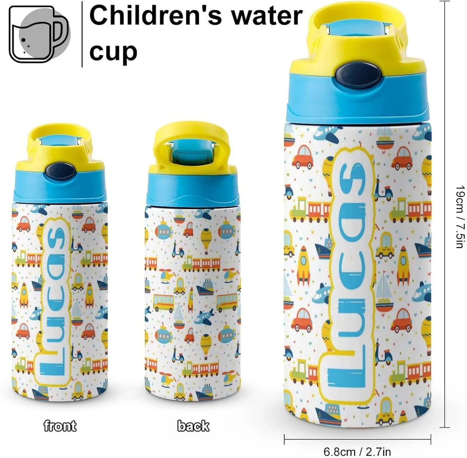 Artsadd Kids Water Bottle with Name-Custom Cartoon Water Bottle with Straw-Personalized Gift for Kids Boys-Customized Name Insulated Stainless Steel Tumbler for School Gifts-16.9oz