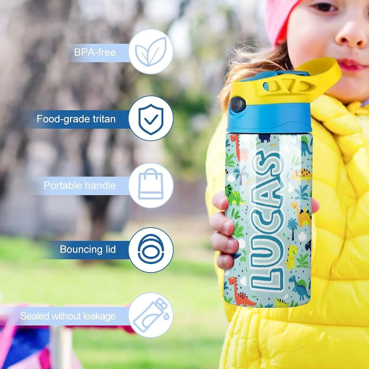 Artsadd Personalized Water Bottle for Kids - Custom Name Bottle with Straw - Insulated Stainless Steel Tumbler for Boys, School Gifts - 16.9oz
