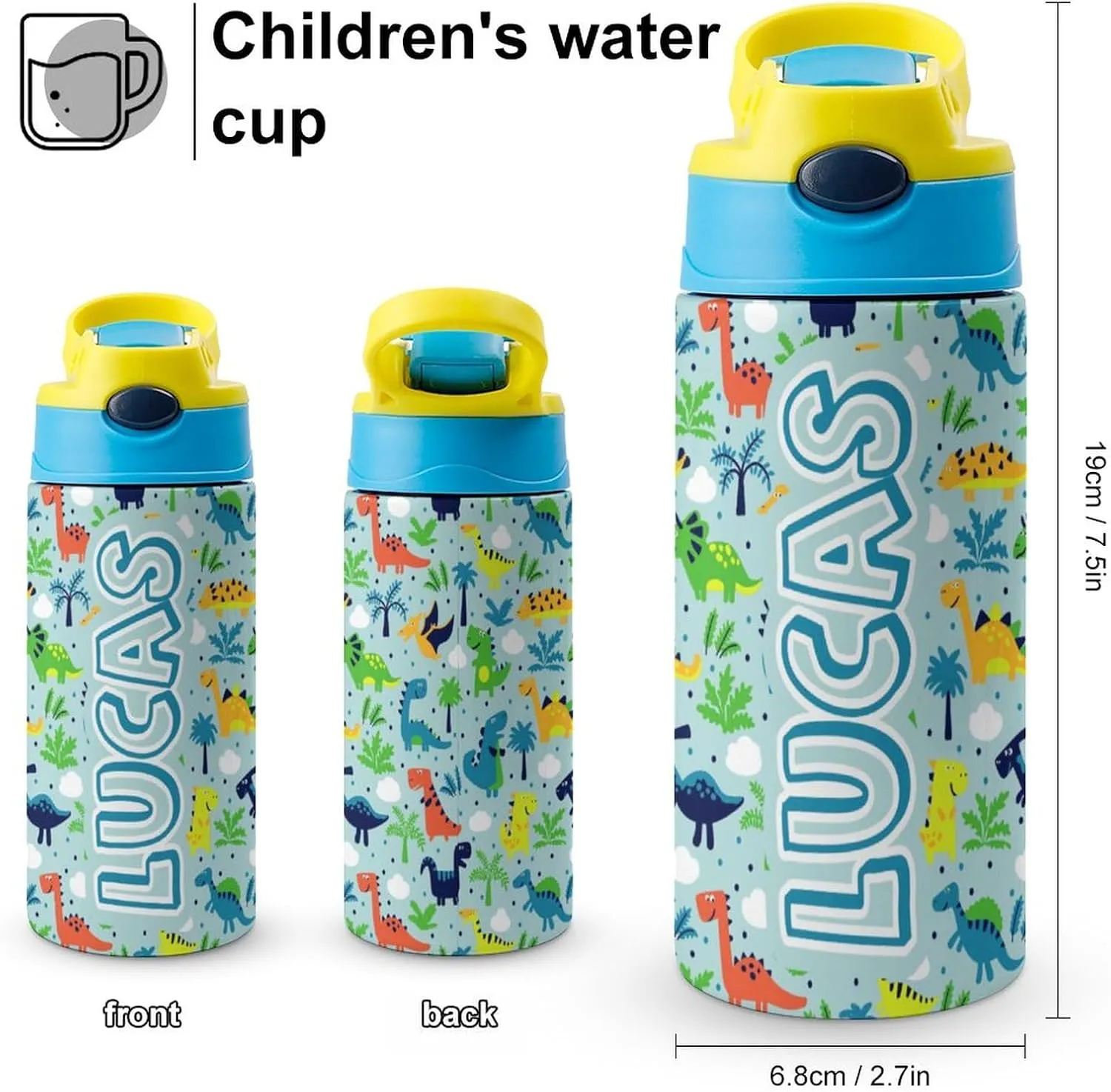 Artsadd Personalized Water Bottle for Kids - Custom Name Bottle with Straw - Insulated Stainless Steel Tumbler for Boys, School Gifts - 16.9oz
