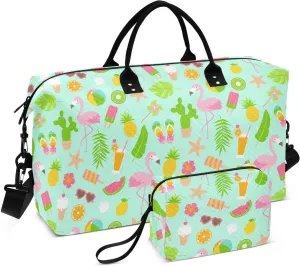 Aslsiy Travel Duffel Bags for Women Flamingo Ice Cream Kiwi Sports Duffel Bag Watermelon Juice Weekender Bags Gym Bag with Toiletry Bag Carry on Overnight Bag