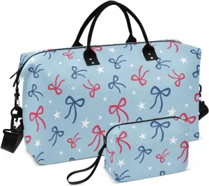 Aslsiy Travel Duffel Bags for Women Fourth Of July Stars Bows Sports Duffel Bag Blue Weekender Bags Gym Bag with Toiletry Bag Carry on Overnight Bag