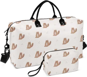 Aslsiy Travel Duffel Bags for Women Funny Beaver Drink Tea Sports Duffel Bag Weekender Bags Gym Bag with Toiletry Bag Carry on Overnight Bag