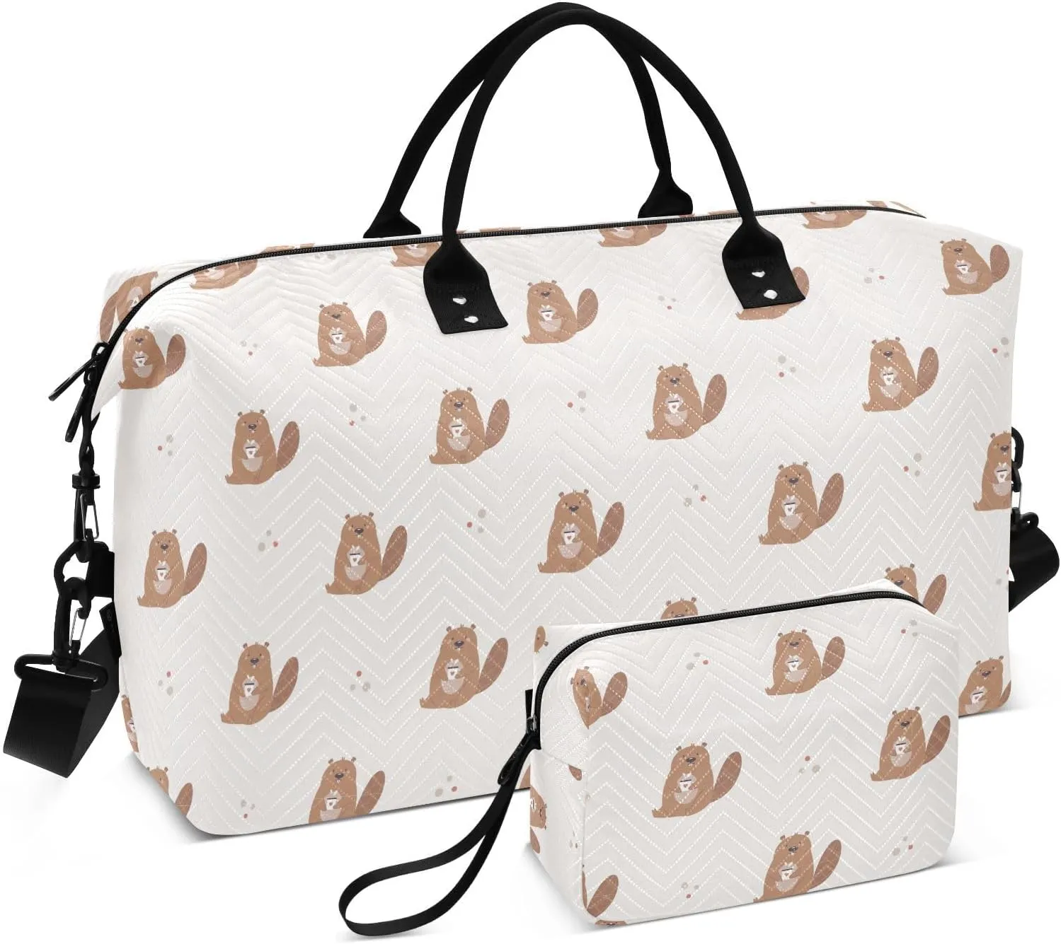 Aslsiy Travel Duffel Bags for Women Funny Beaver Drink Tea Sports Duffel Bag Weekender Bags Gym Bag with Toiletry Bag Carry on Overnight Bag