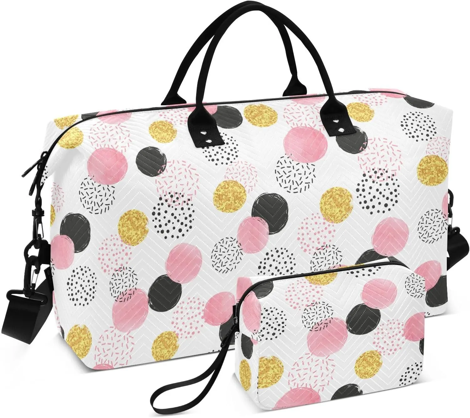 Aslsiy Travel Duffel Bags for Women Gold Pink Circle Sports Duffel Bags Dots White Weekender Bags Gym Bag with Toiletry Bag Carry on Overnight Bag