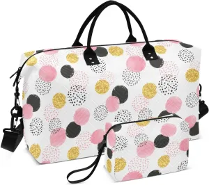 Aslsiy Travel Duffel Bags for Women Gold Pink Circle Sports Duffel Bags Dots White Weekender Bags Gym Bag with Toiletry Bag Carry on Overnight Bag