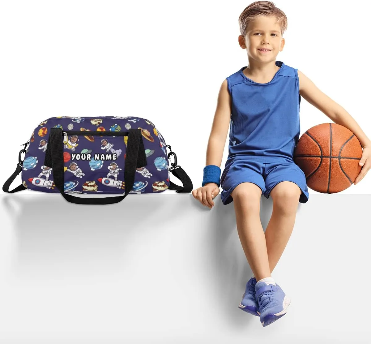 Astronaut Funny Face Personalized Kids Duffel Bag for Girls Boys, Space Planets Custom Dance Bag Overnight Small Duffel Bag Carry On Weekend Sports Travel Bag for School Practice Gymnastics Ballet
