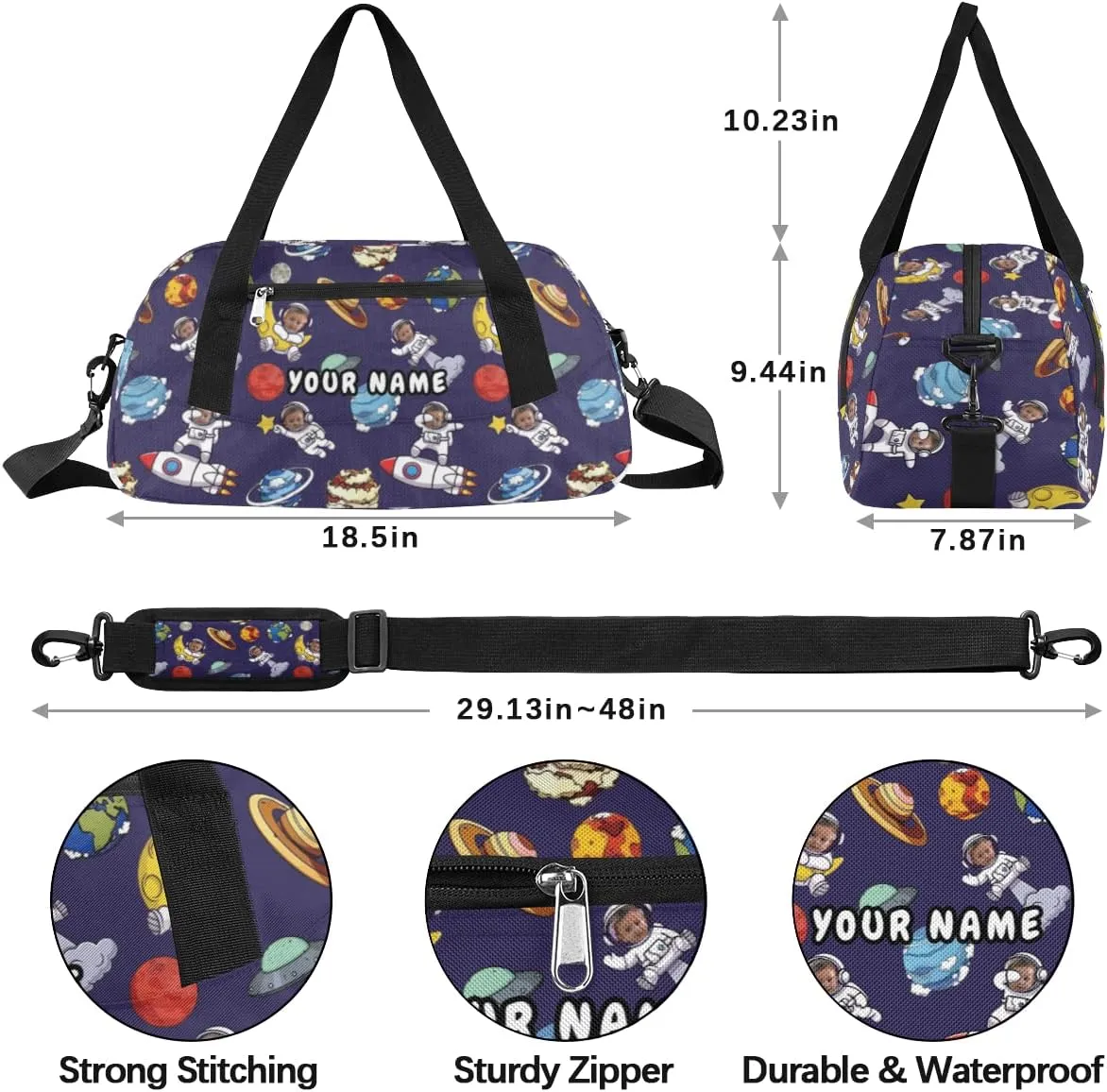 Astronaut Funny Face Personalized Kids Duffel Bag for Girls Boys, Space Planets Custom Dance Bag Overnight Small Duffel Bag Carry On Weekend Sports Travel Bag for School Practice Gymnastics Ballet
