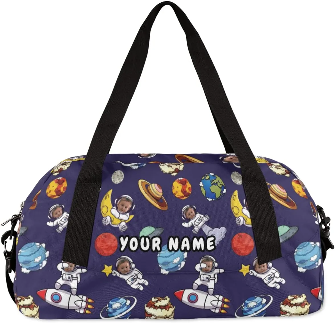 Astronaut Funny Face Personalized Kids Duffel Bag for Girls Boys, Space Planets Custom Dance Bag Overnight Small Duffel Bag Carry On Weekend Sports Travel Bag for School Practice Gymnastics Ballet