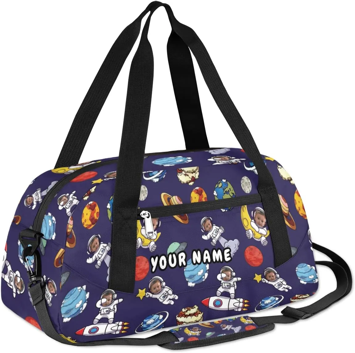 Astronaut Funny Face Personalized Kids Duffel Bag for Girls Boys, Space Planets Custom Dance Bag Overnight Small Duffel Bag Carry On Weekend Sports Travel Bag for School Practice Gymnastics Ballet