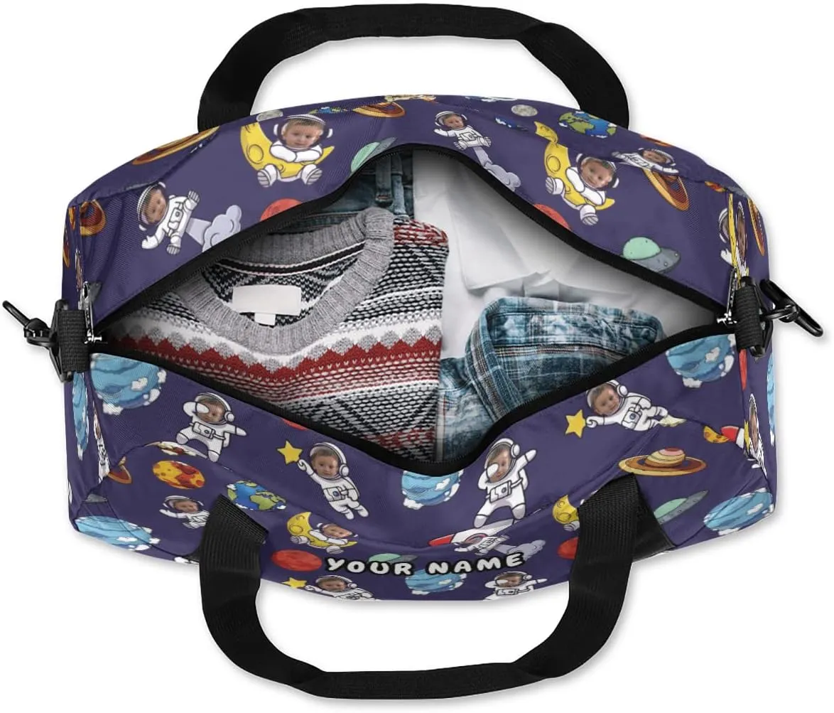 Astronaut Funny Face Personalized Kids Duffel Bag for Girls Boys, Space Planets Custom Dance Bag Overnight Small Duffel Bag Carry On Weekend Sports Travel Bag for School Practice Gymnastics Ballet