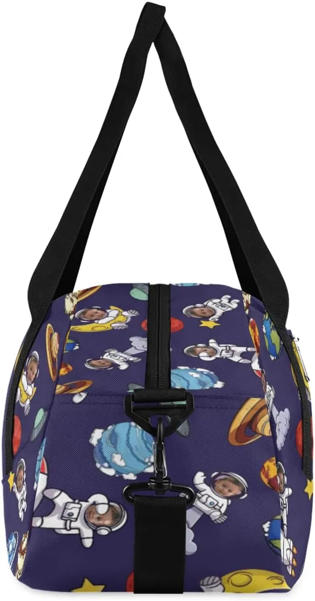 Astronaut Funny Face Personalized Kids Duffel Bag for Girls Boys, Space Planets Custom Dance Bag Overnight Small Duffel Bag Carry On Weekend Sports Travel Bag for School Practice Gymnastics Ballet