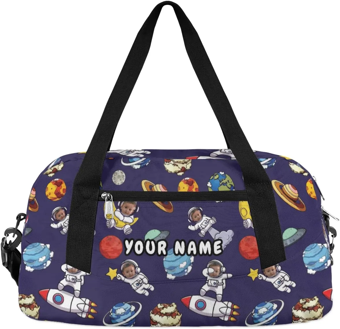 Astronaut Funny Face Personalized Kids Duffel Bag for Girls Boys, Space Planets Custom Dance Bag Overnight Small Duffel Bag Carry On Weekend Sports Travel Bag for School Practice Gymnastics Ballet