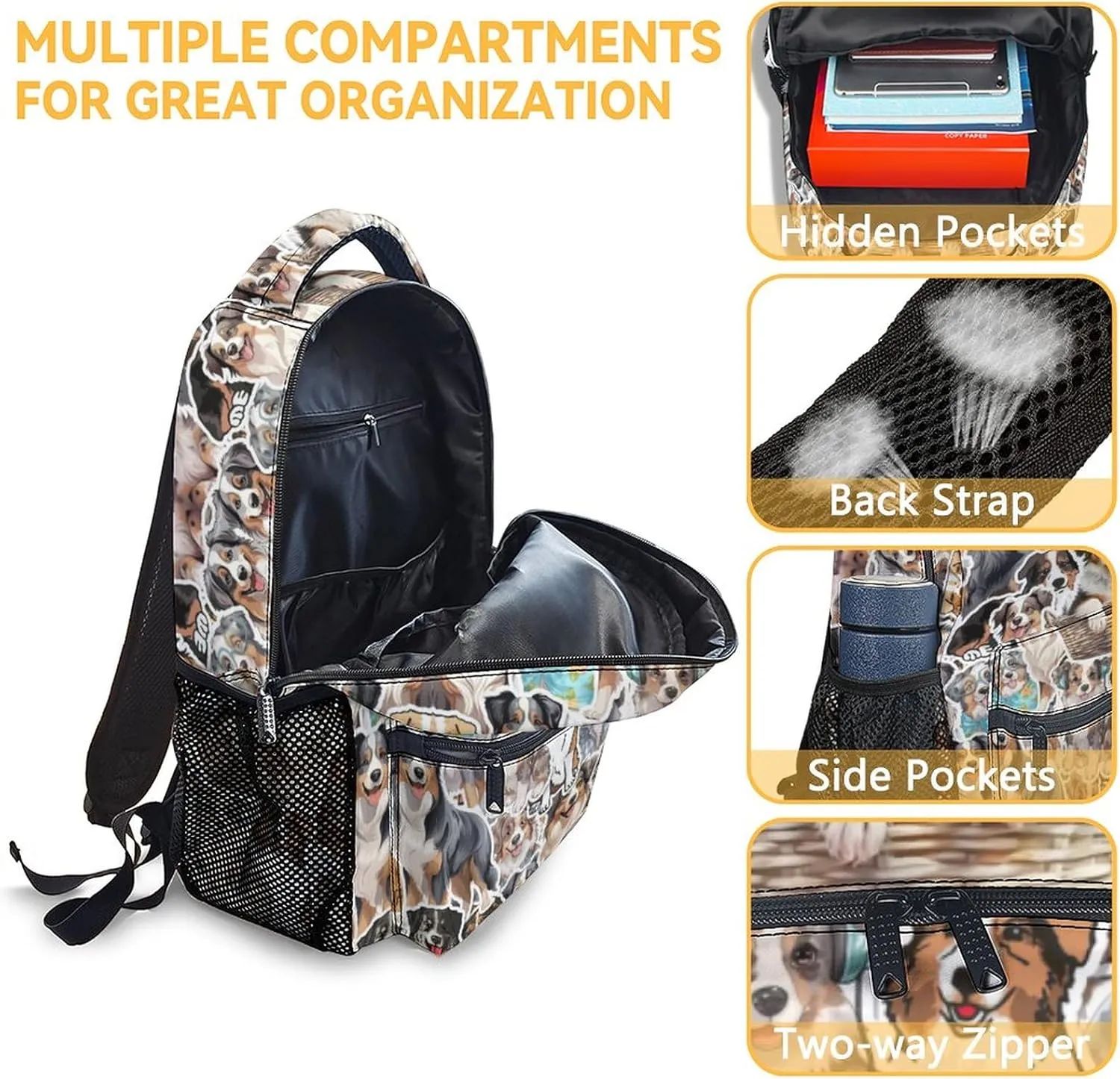 Australian Shepherd Backpack with Lunch Box Set for Girls Boys, 3 in 1 Dog School Backpacks Matching Combo, Cartoon Grey Bookbag and Pencil Case Bundle