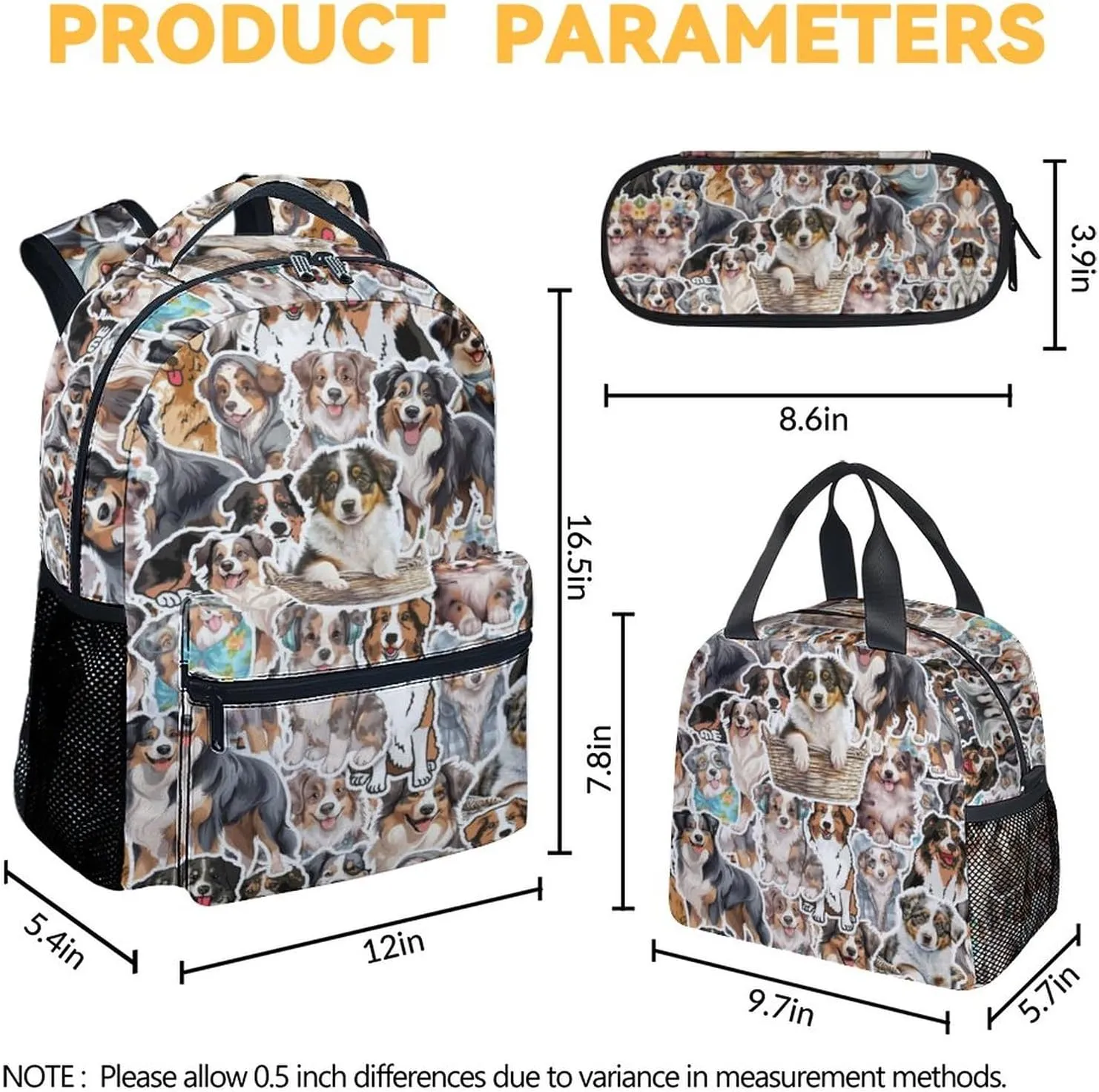 Australian Shepherd Backpack with Lunch Box Set for Girls Boys, 3 in 1 Dog School Backpacks Matching Combo, Cartoon Grey Bookbag and Pencil Case Bundle