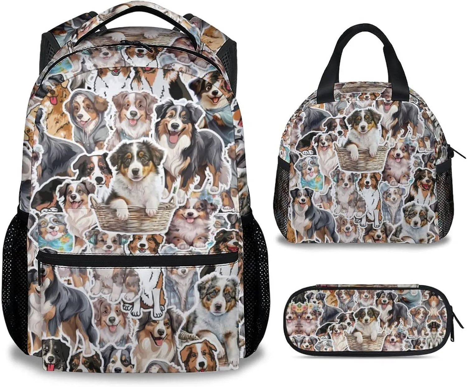 Australian Shepherd Backpack with Lunch Box Set for Girls Boys, 3 in 1 Dog School Backpacks Matching Combo, Cartoon Grey Bookbag and Pencil Case Bundle