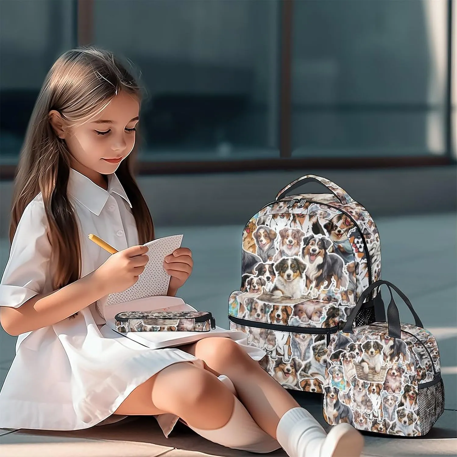 Australian Shepherd Backpack with Lunch Box Set for Girls Boys, 3 in 1 Dog School Backpacks Matching Combo, Cartoon Grey Bookbag and Pencil Case Bundle