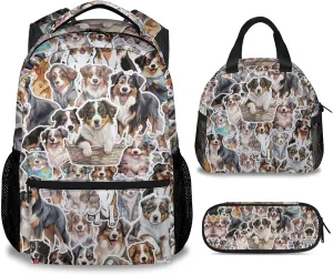 Australian Shepherd Backpack with Lunch Box Set for Girls Boys, 3 in 1 Dog School Backpacks Matching Combo, Cartoon Grey Bookbag and Pencil Case Bundle