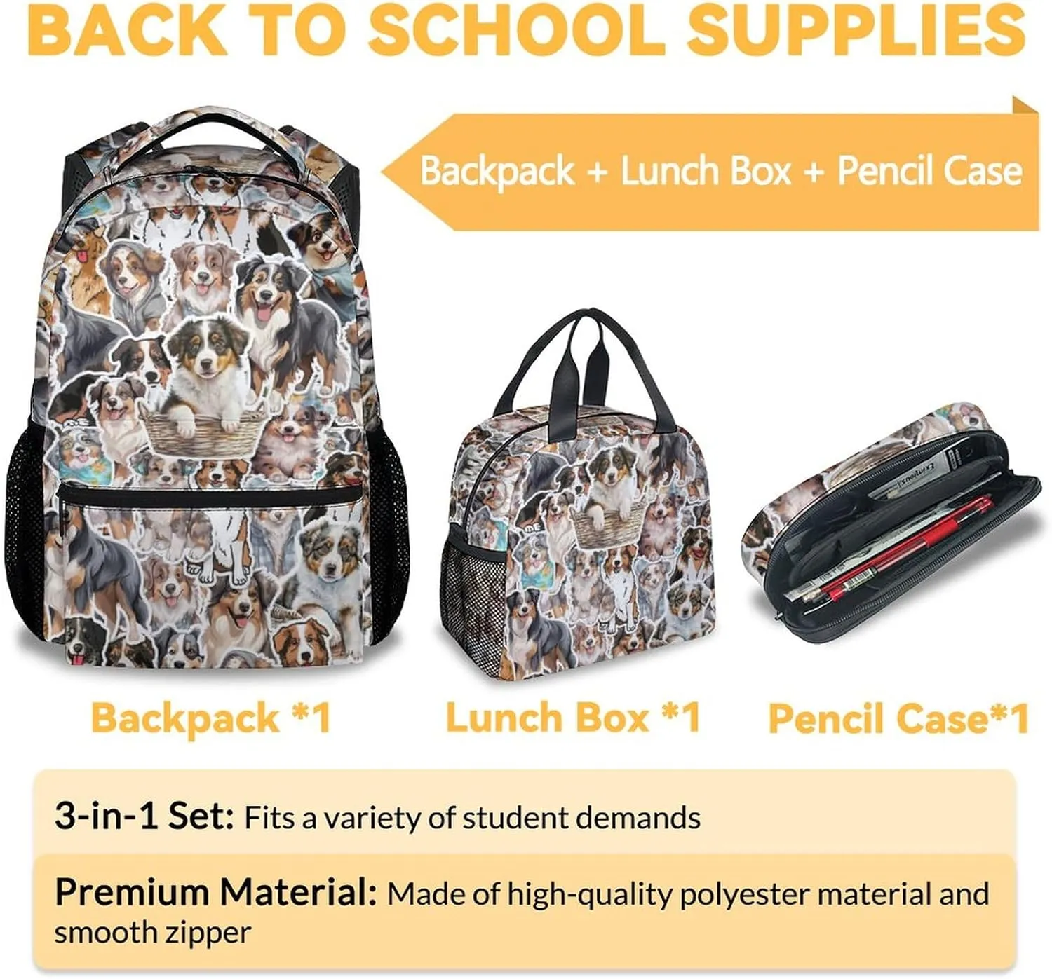 Australian Shepherd Backpack with Lunch Box Set for Girls Boys, 3 in 1 Dog School Backpacks Matching Combo, Cartoon Grey Bookbag and Pencil Case Bundle