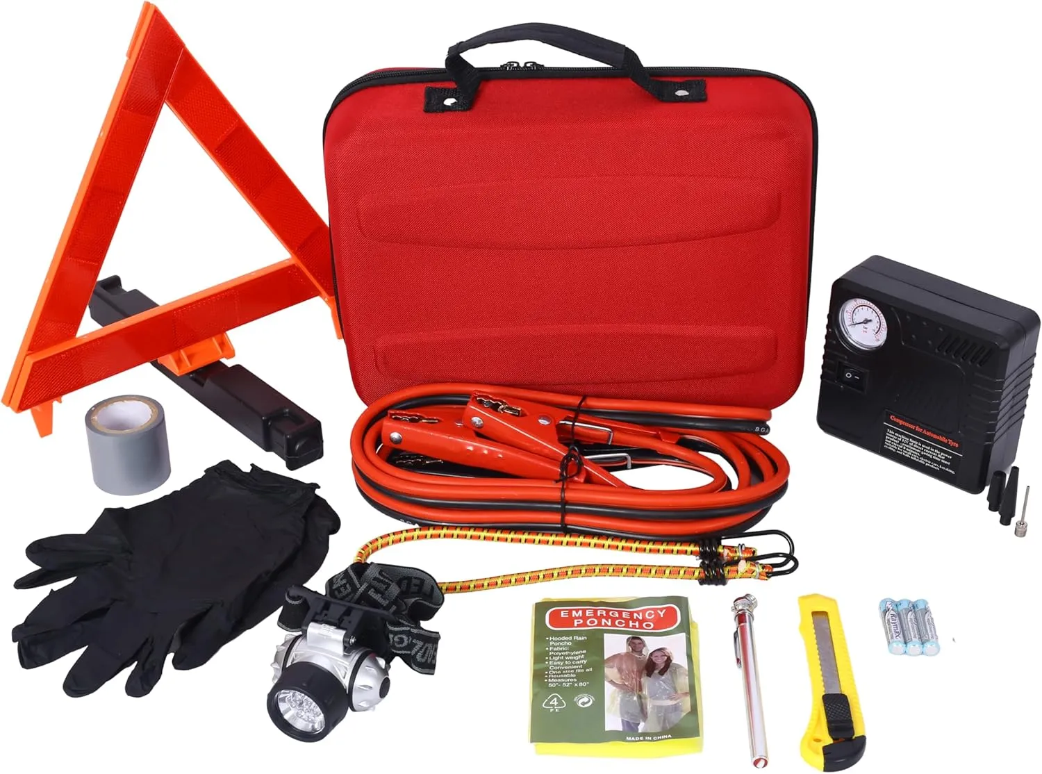 Auto Safety Emergency Kit with Air Compressor, First Aid Supplies, Compact Case, for Cars and Trucks, Red
