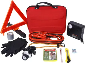 Auto Safety Emergency Kit with Air Compressor, First Aid Supplies, Compact Case, for Cars and Trucks, Red