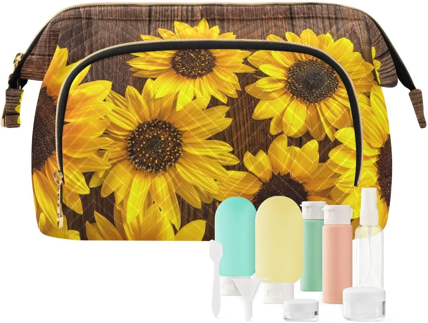 Autumn Yellow Sunflowers on Vintage Wooden Boards Women Cosmetic Bag Makeup Bag Stylish Trip Beauty Bag Travel Toiletry Bag with Bottle Organizer 10.2 x 5.9 x 6.7 inch
