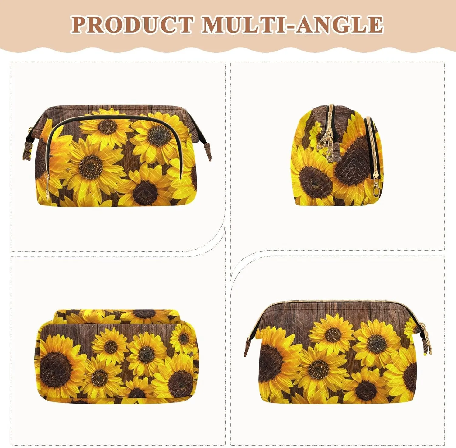Autumn Yellow Sunflowers on Vintage Wooden Boards Women Cosmetic Bag Makeup Bag Stylish Trip Beauty Bag Travel Toiletry Bag with Bottle Organizer 10.2 x 5.9 x 6.7 inch