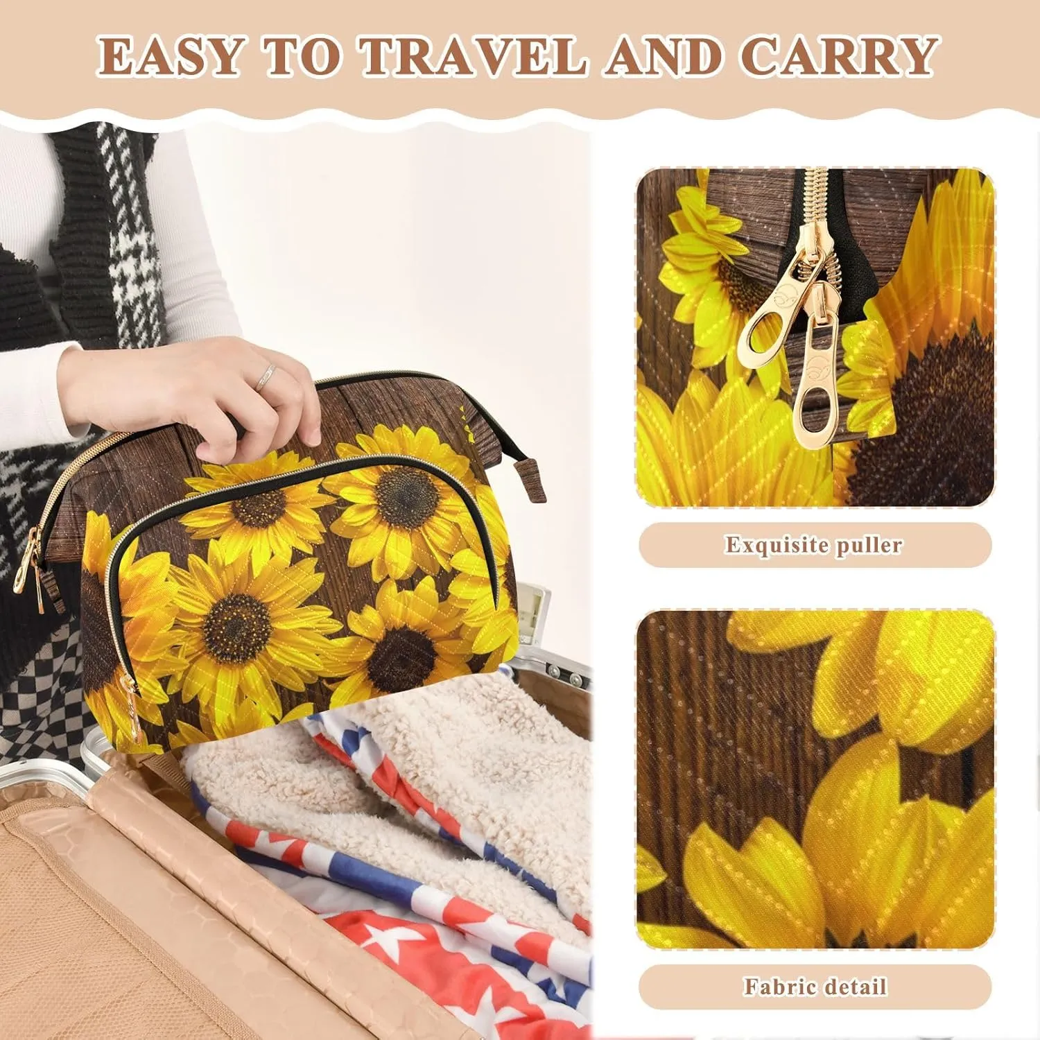 Autumn Yellow Sunflowers on Vintage Wooden Boards Women Cosmetic Bag Makeup Bag Stylish Trip Beauty Bag Travel Toiletry Bag with Bottle Organizer 10.2 x 5.9 x 6.7 inch
