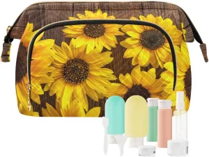 Autumn Yellow Sunflowers on Vintage Wooden Boards Women Cosmetic Bag Makeup Bag Stylish Trip Beauty Bag Travel Toiletry Bag with Bottle Organizer 10.2 x 5.9 x 6.7 inch