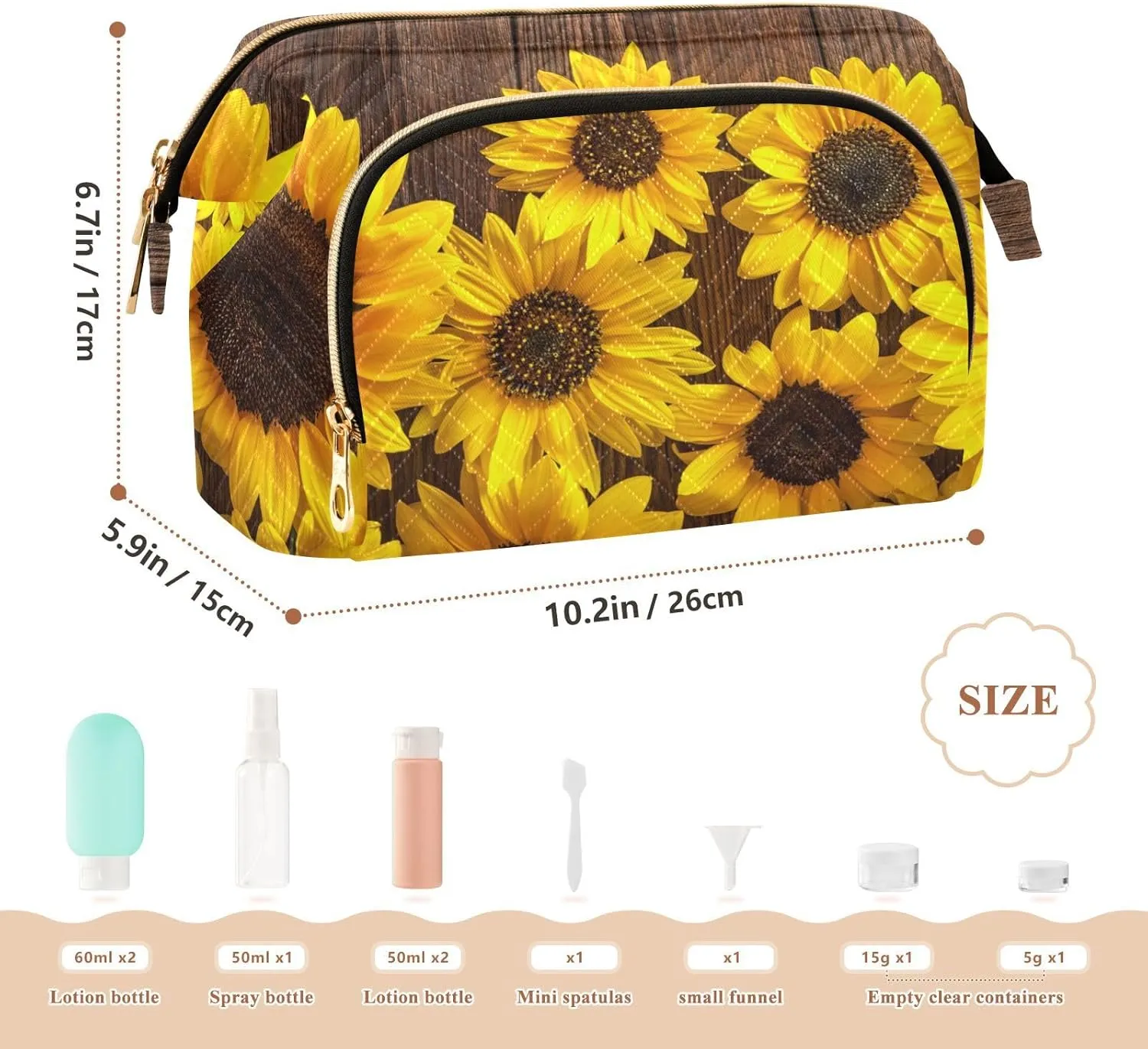 Autumn Yellow Sunflowers on Vintage Wooden Boards Women Cosmetic Bag Makeup Bag Stylish Trip Beauty Bag Travel Toiletry Bag with Bottle Organizer 10.2 x 5.9 x 6.7 inch