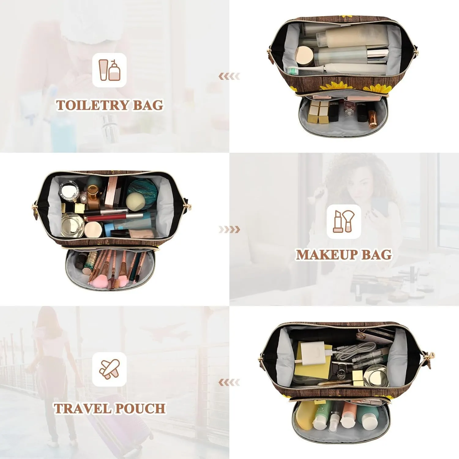 Autumn Yellow Sunflowers on Vintage Wooden Boards Women Cosmetic Bag Makeup Bag Stylish Trip Beauty Bag Travel Toiletry Bag with Bottle Organizer 10.2 x 5.9 x 6.7 inch
