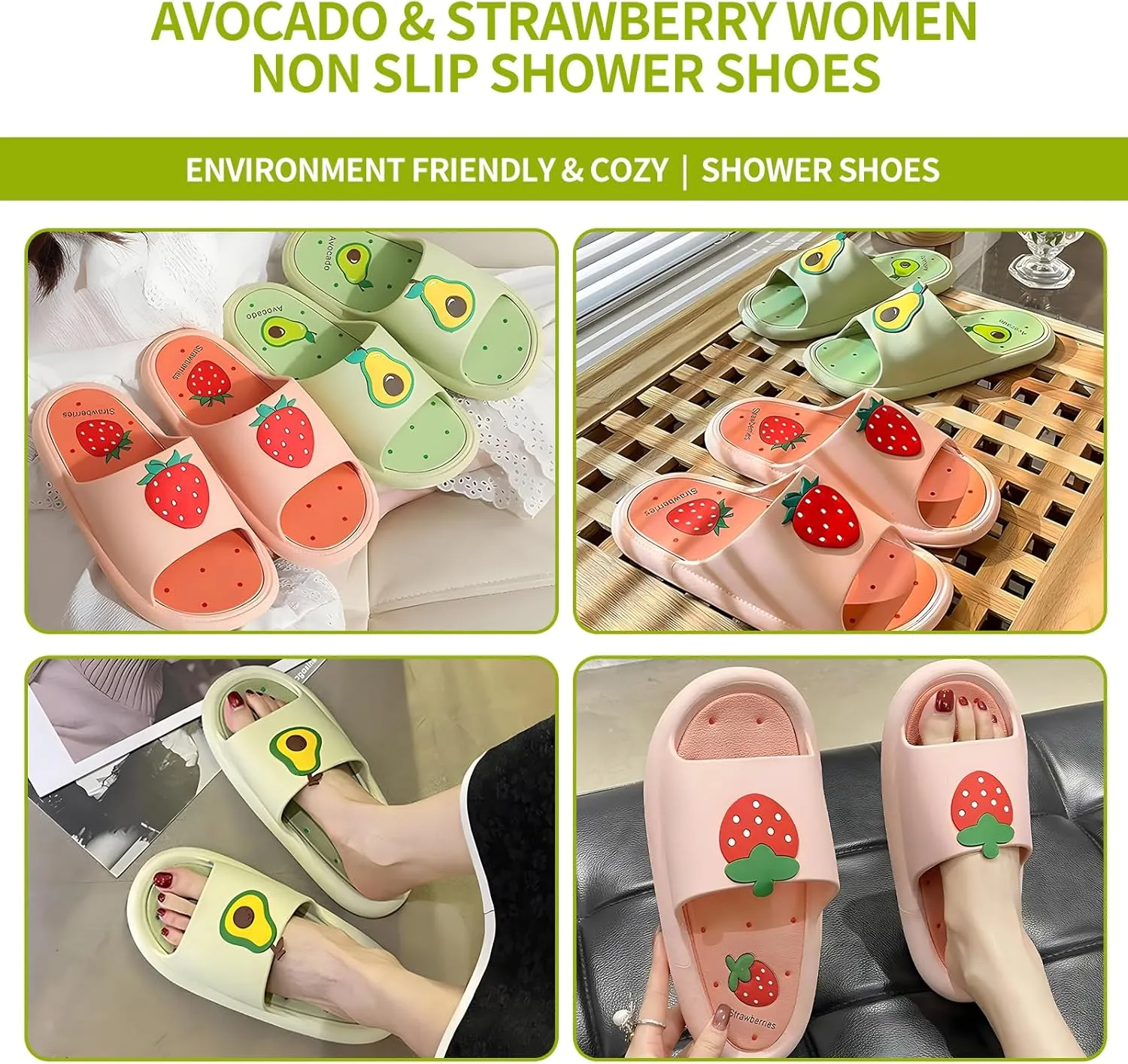 Avocado Strawberry Women's Cute Slippers Sandals Funny Beach Travel Shower Shoes House Slides