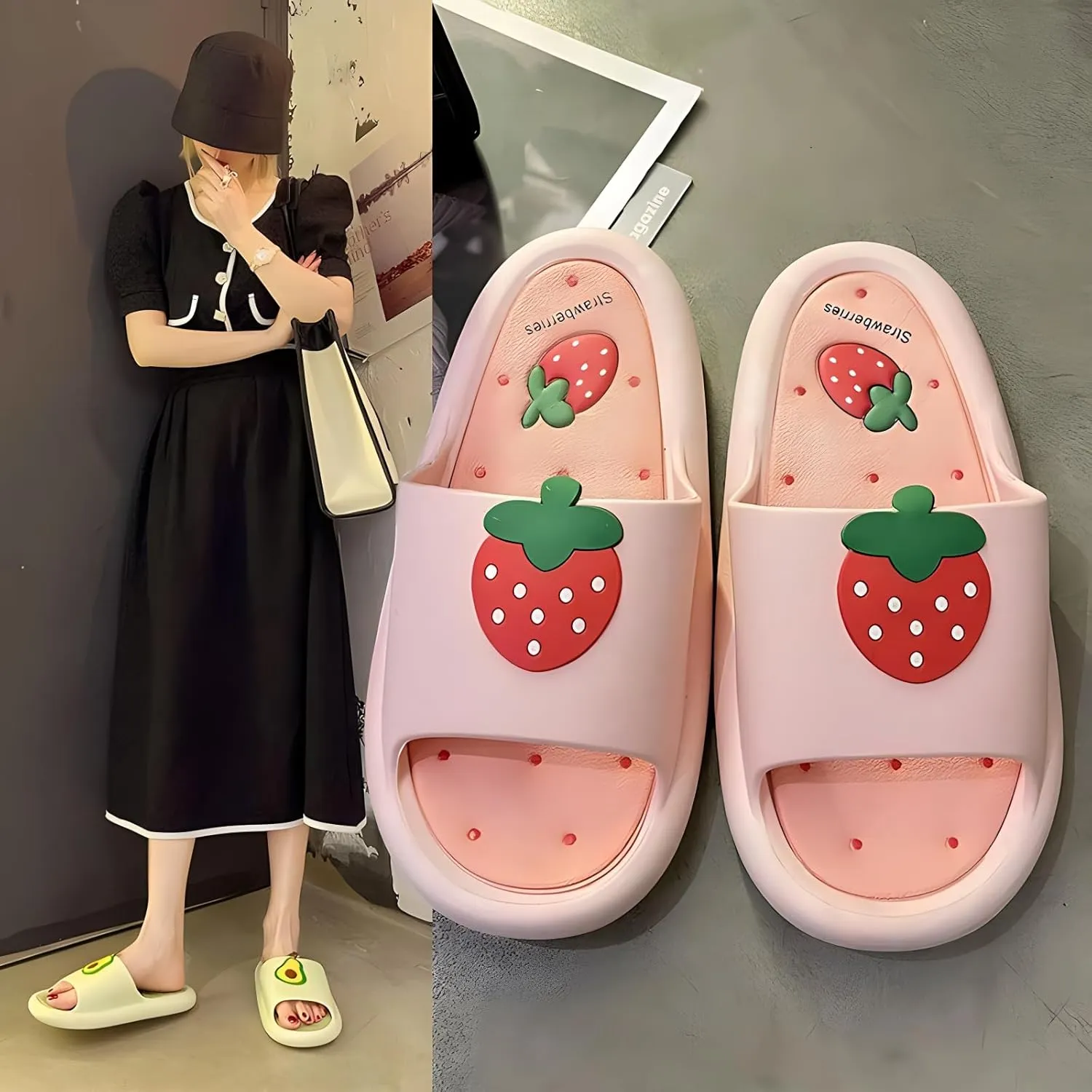 Avocado Strawberry Women's Cute Slippers Sandals Funny Beach Travel Shower Shoes House Slides