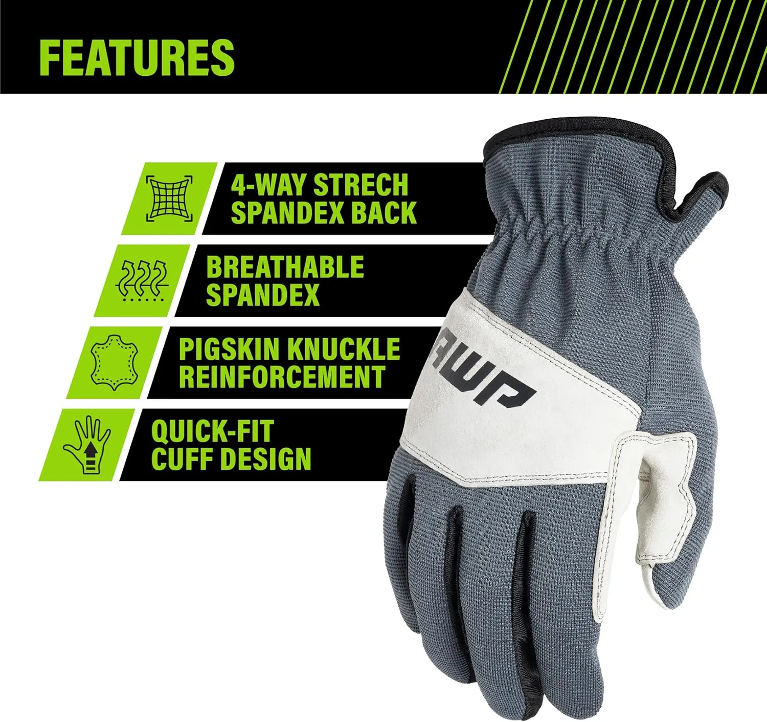 AWP Hybrid Pigskin Utility Work Gloves for Men and Women, Abrasion Resistant, X-Large