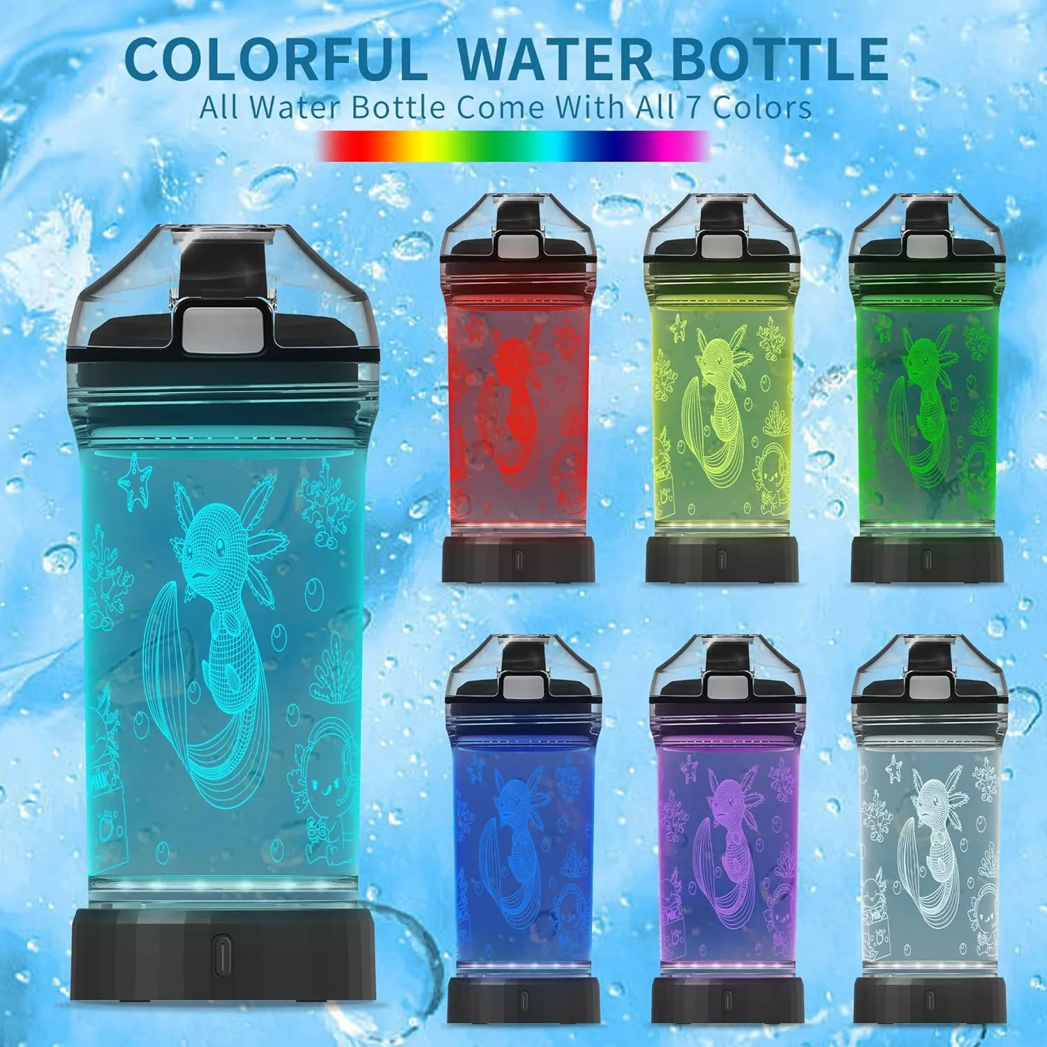 Axolotl Water Bottle, Axolotl Light-Up Sport Cup with 3D Glowing LED Axolotl Light – 14 OZ Tritan BPA-Free - Creative Glowing Toddle Cup Gift for Gamer, School, Camping, and Holidays (Axolotl)