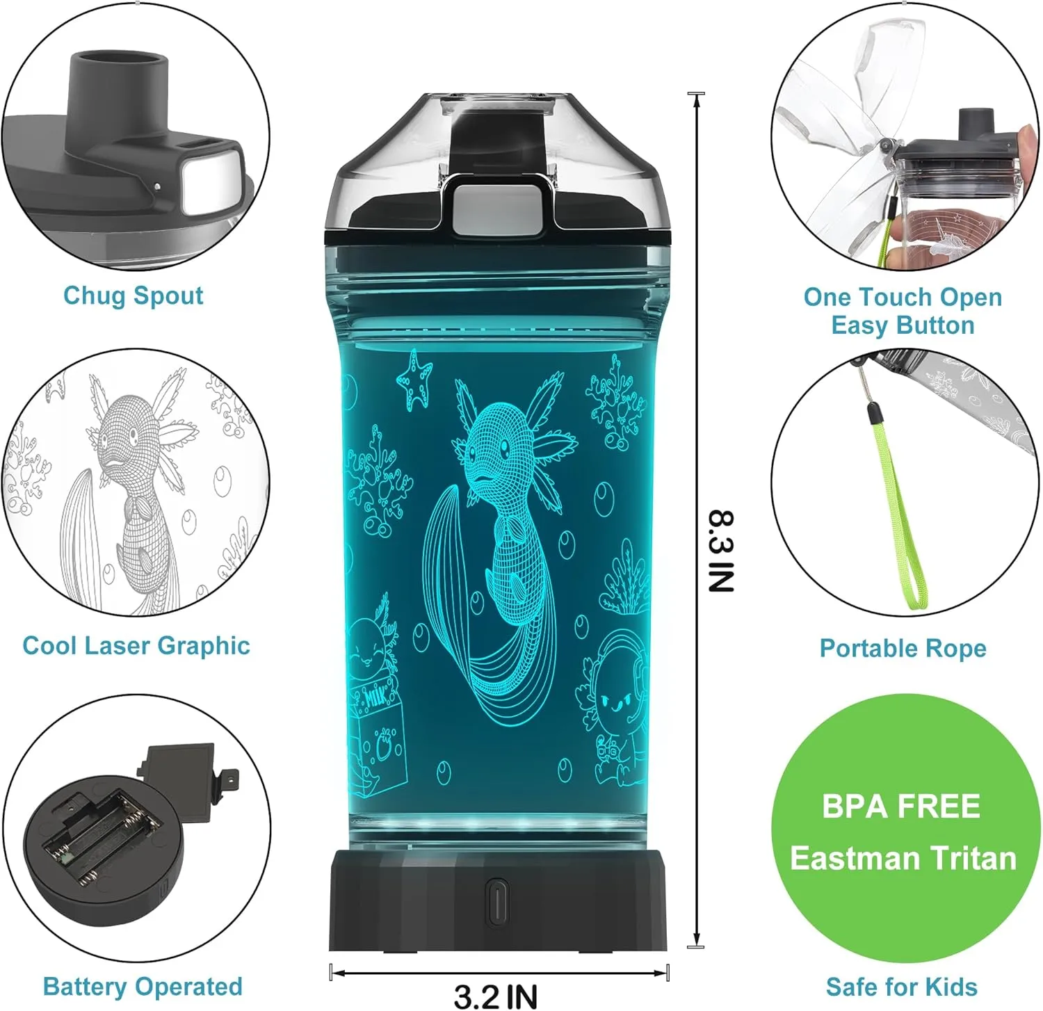 Axolotl Water Bottle, Axolotl Light-Up Sport Cup with 3D Glowing LED Axolotl Light – 14 OZ Tritan BPA-Free - Creative Glowing Toddle Cup Gift for Gamer, School, Camping, and Holidays (Axolotl)
